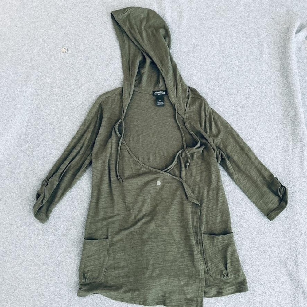 Eddie Bauer Coatigan Womens Medium Green‎ Cotton Hooded Lightweight Jacket
